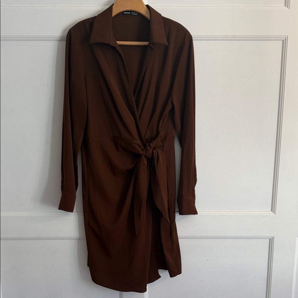 SHEIN Brown Long Sleeve Wrap Dress